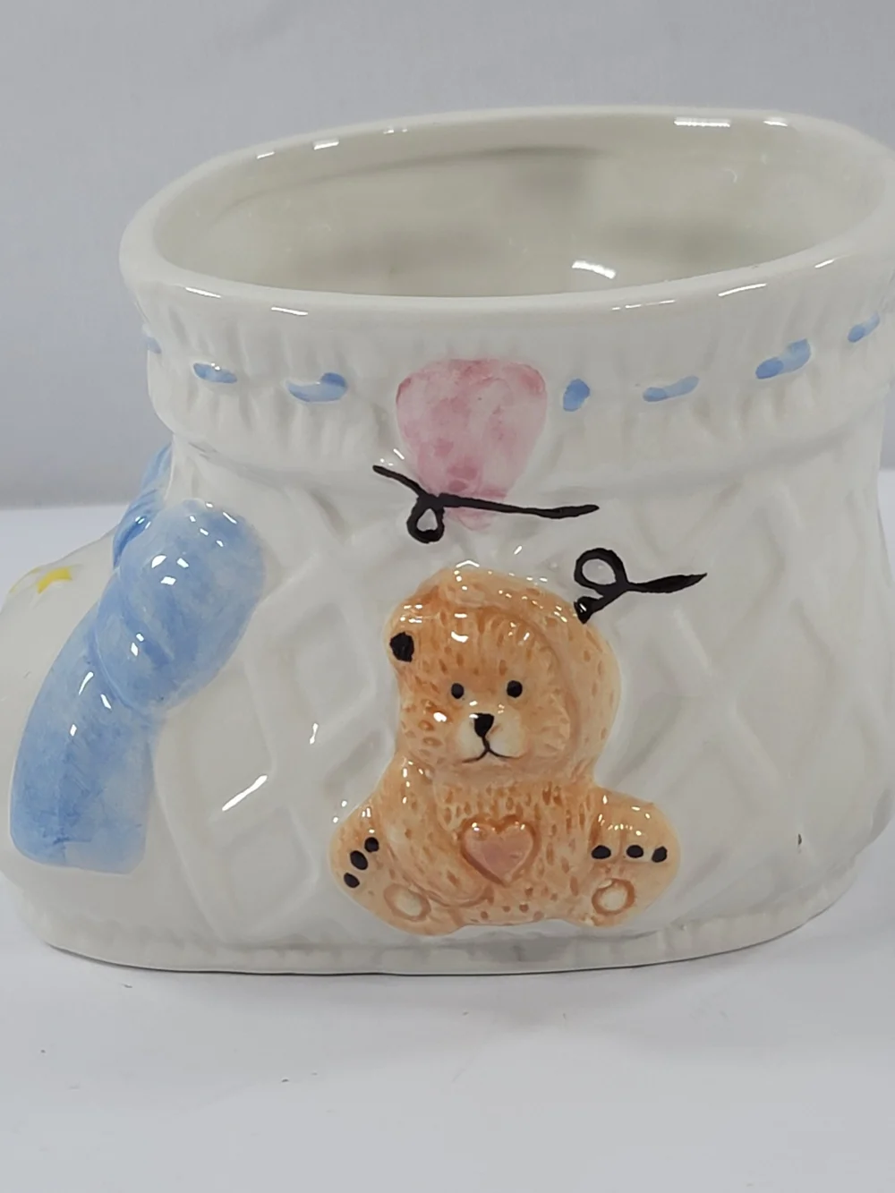 Vintage Burton Ceramic Baby Boot Planter Bear - White Nursery Decor